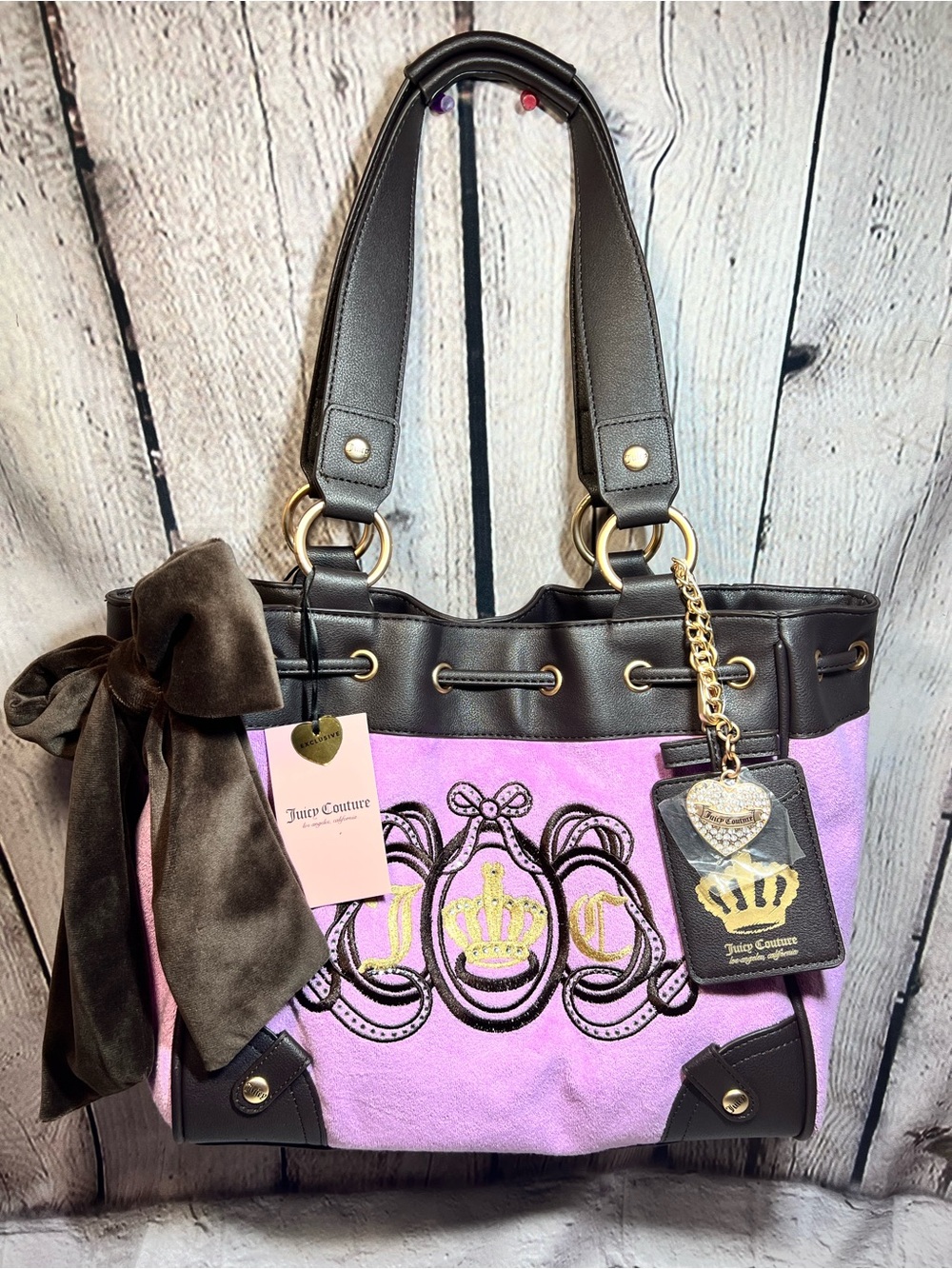 Juicy Couture Lavender Canvas Tote with Brown Trim and Velvet Bow